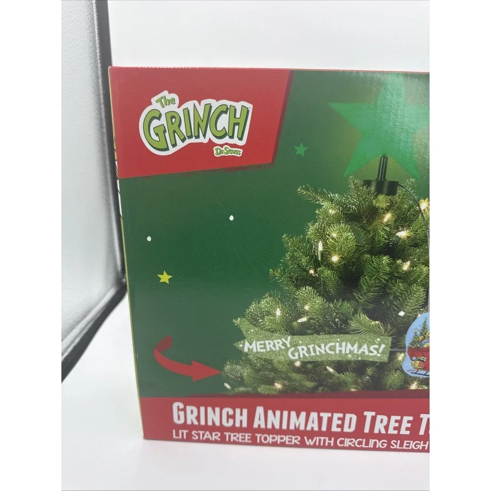 Grinch Animated Christmas Tree Topper Lit Star & Circling Sleigh Mr. Christmas